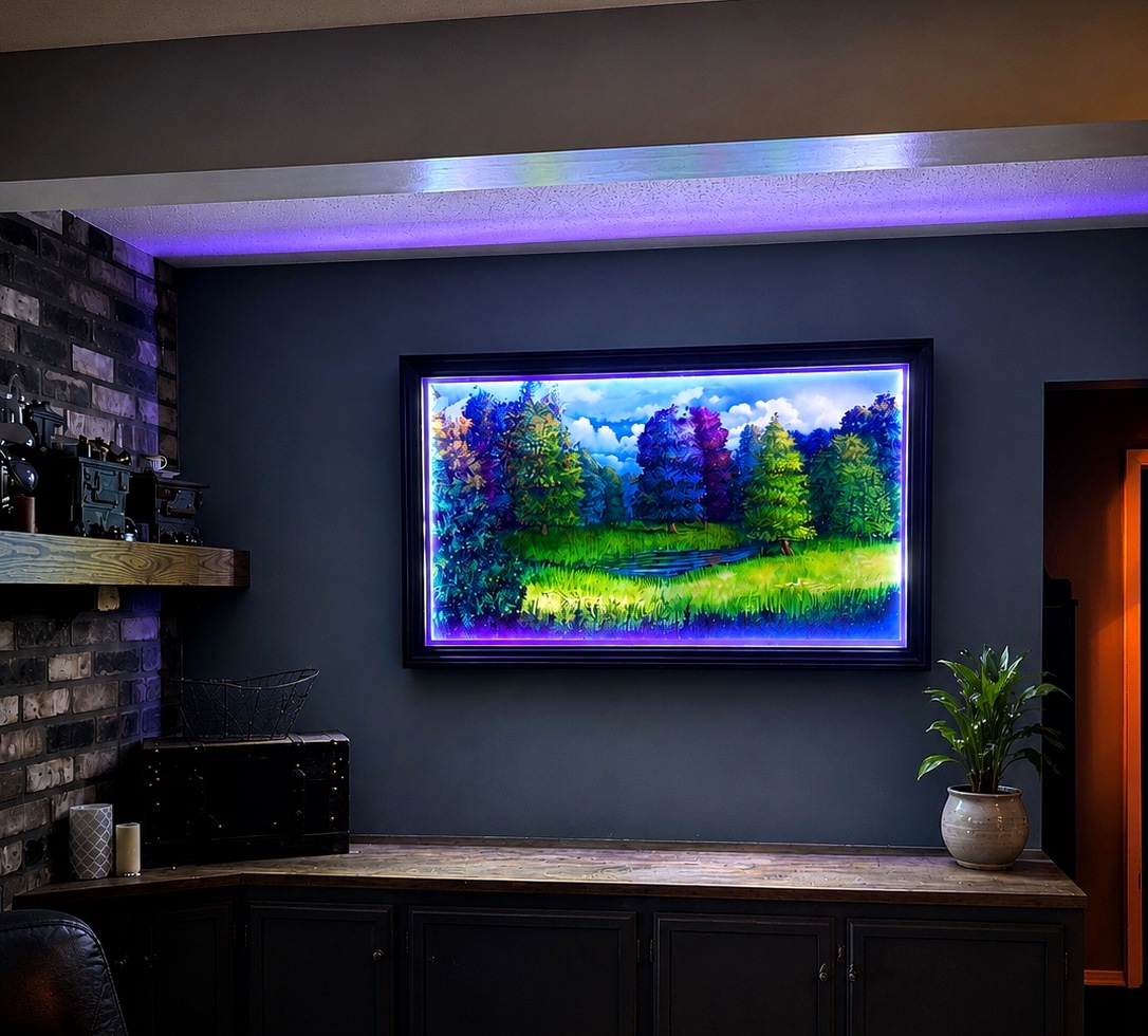 Handcrafted Electric Grain UV frame displaying a glowing landscape